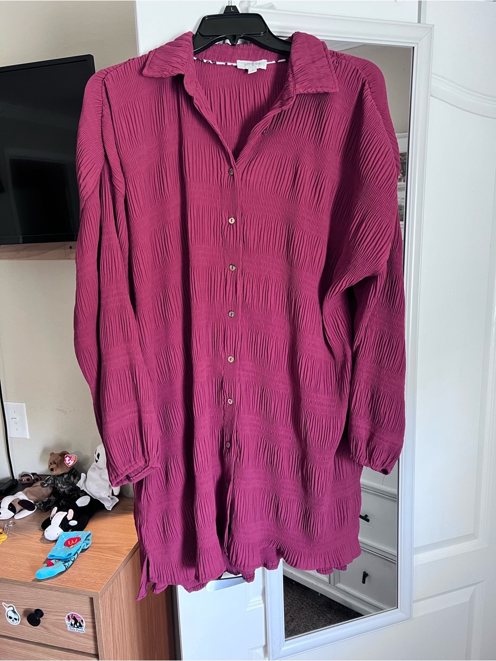 Umgee Long Sleeve Crinkle Button-Down Dress in Wine